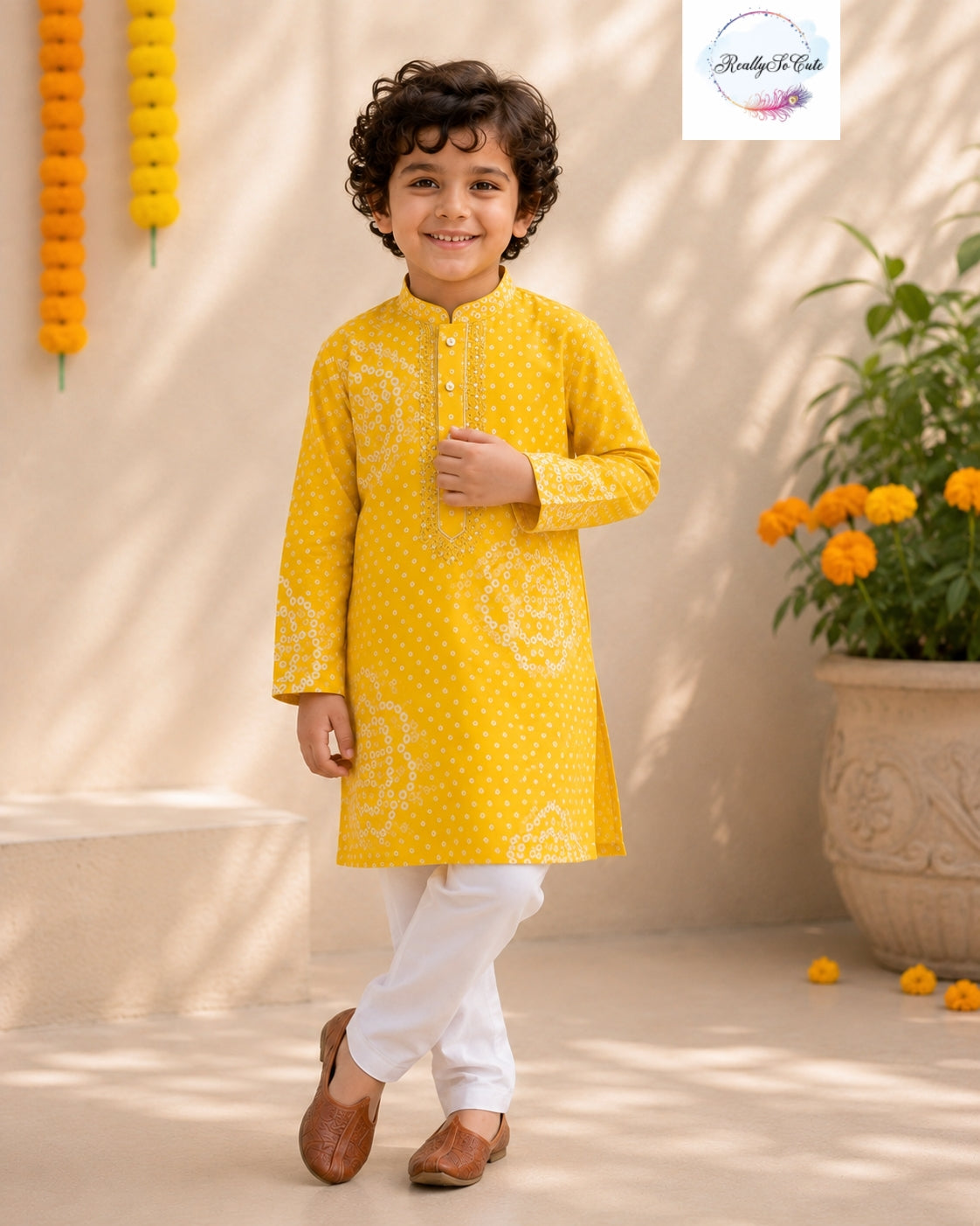 Sunshine Yellow Pure Cotton Mirror Work Kurta Pajama Set for Boys