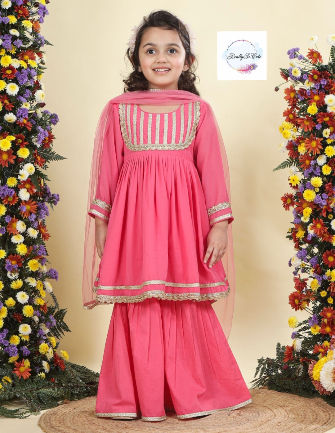 Coral Girls 3 piece sharara Kurti set, Soft Georgette kurti sharara set