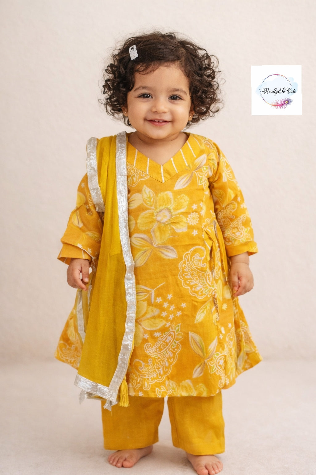 Floral Muslin Sharara Set for Girls | Soft & Breathable Ethnic Wear 3M–15Y, Gold mustard kurti sharara set