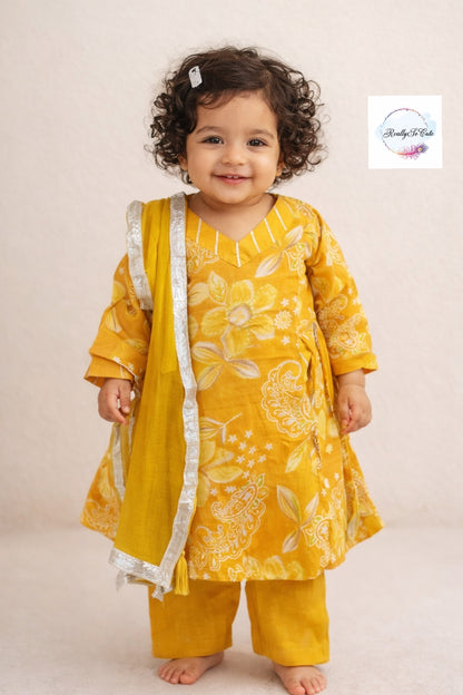 Floral Muslin Sharara Set for Girls | Soft & Breathable Ethnic Wear 3M–15Y, Gold mustard kurti sharara set