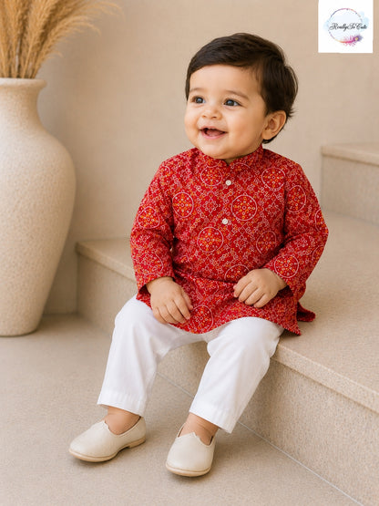 Red Bandhani Print Boys Kurta Pajama Set in Soft Cotton, Kids Bandhani Outfit USA