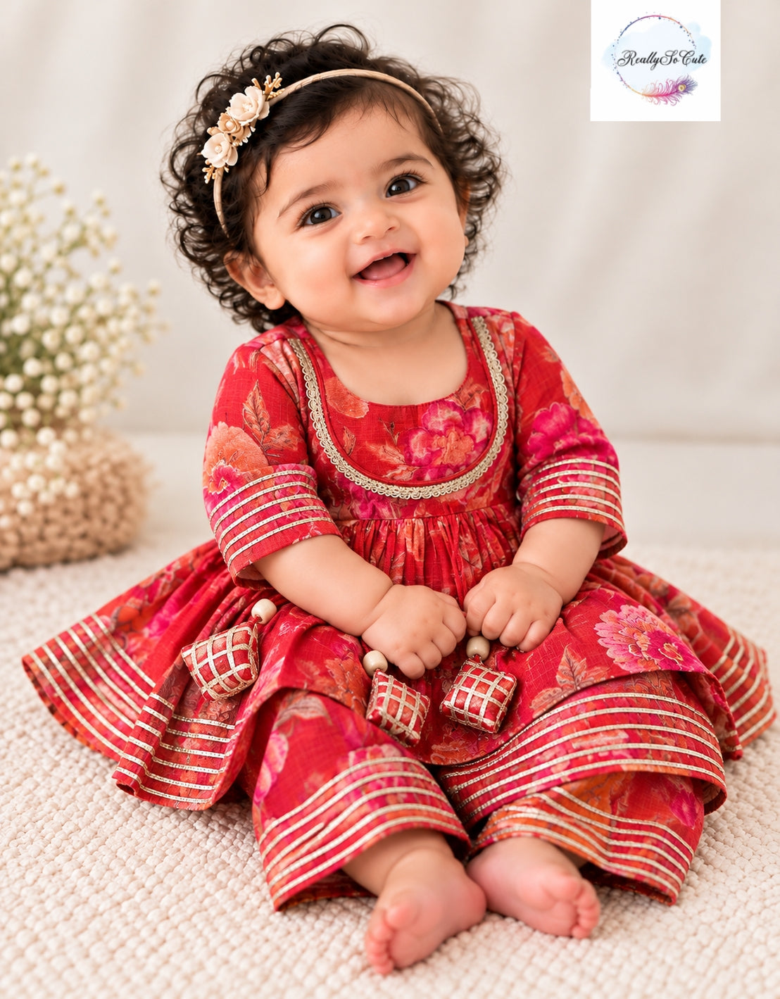 Baby Girls Multicolor red Bandhani Ethnic Wear Sets | 0–6 Months