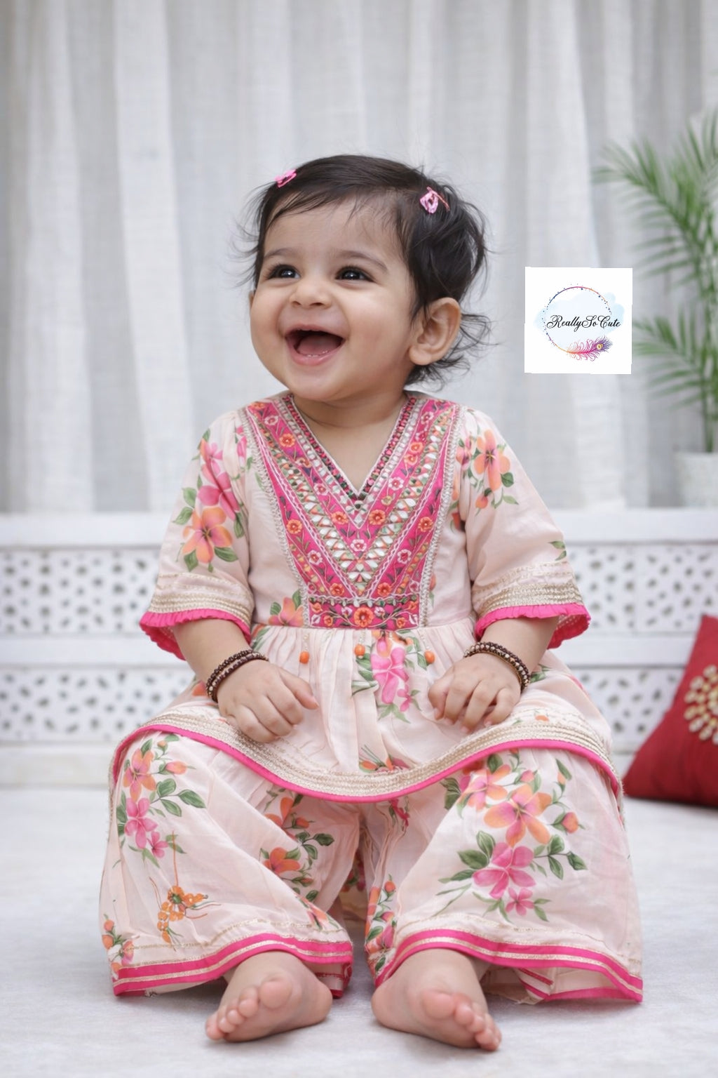 Blush Pink Floral Cotton Sharara Set for Girls | Embroidered Ethnic Wear with Tassel Tie | Sizes 3M–10 Years