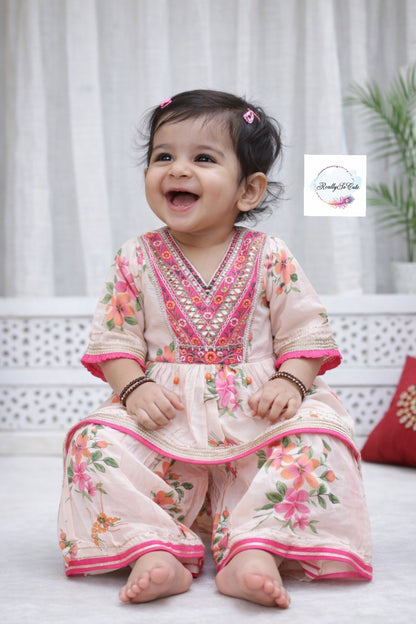 Blush Pink Floral Cotton Sharara Set for Girls | Embroidered Ethnic Wear with Tassel Tie | Sizes 3M–10 Years