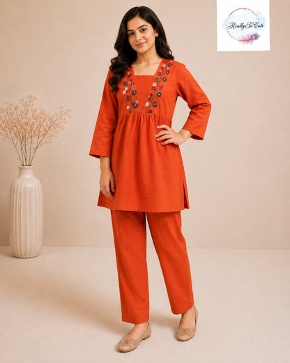 Rust Orange Embroidered Cotton Mom Co-Ord Set with Pockets | Matching Mom & Daughter Outfit