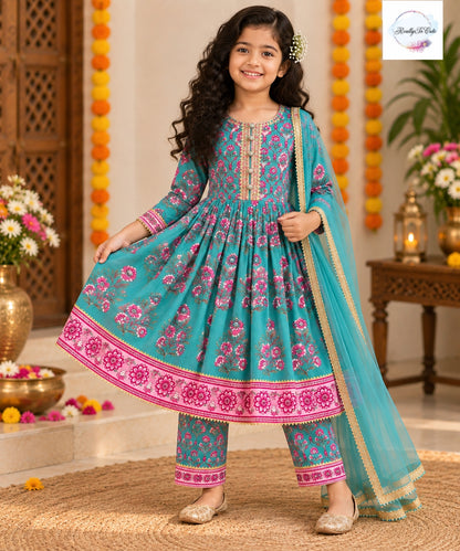 Teal & Pink Floral Pure Cotton Anarkali Set for Girls