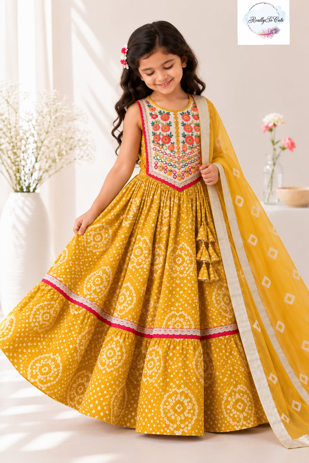 Girls mustard Bandhani Lehenga Choli with Dupatta | Pure Cotton | 6M–15Y
