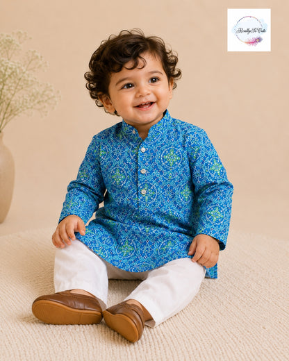Blue Bandhani Print Boys Kurta Pajama Set in Soft Cotton, Kids Bandhani Outfit USA