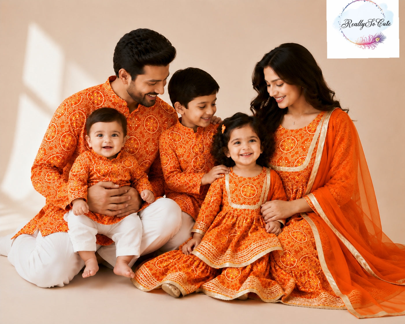 Orange Bandhani Print Boys Kurta Pajama Set in Soft Cotton, Kids Bandhani Outfit USA