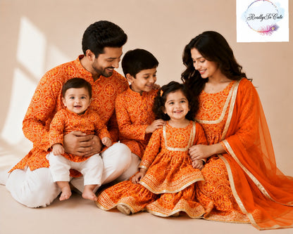 Orange Bandhani Print Boys Kurta Pajama Set in Soft Cotton, Kids Bandhani Outfit USA