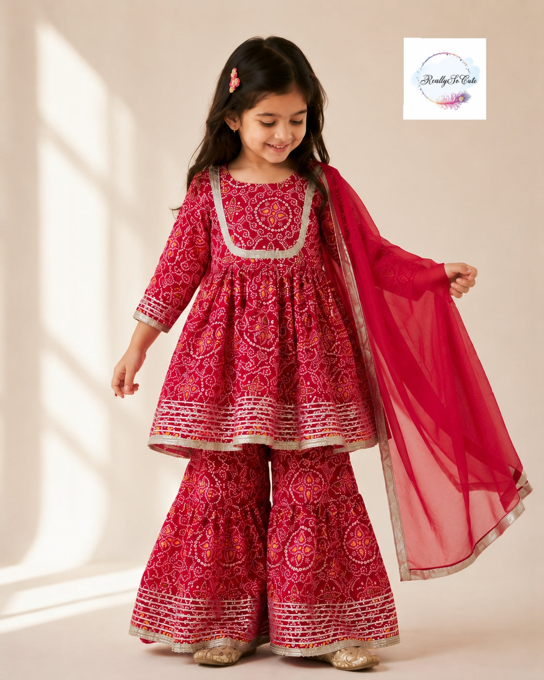Girls Red Bandhani Print Cotton Kurti Sharara Set with Dupatta,Kids Bandhani Outfit USA
