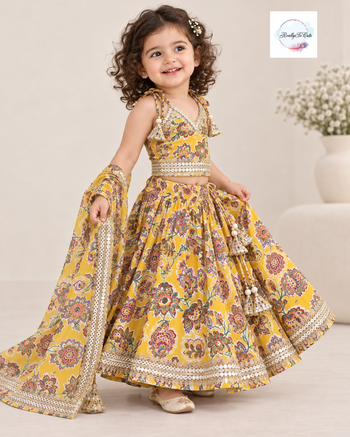 Mustard Yellow Floral Print Girls Chaniya Choli Lehenga Set with Dupatta & Mirror Work