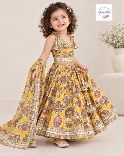 Mustard Yellow Floral Print Girls Chaniya Choli Lehenga Set with Dupatta & Mirror Work