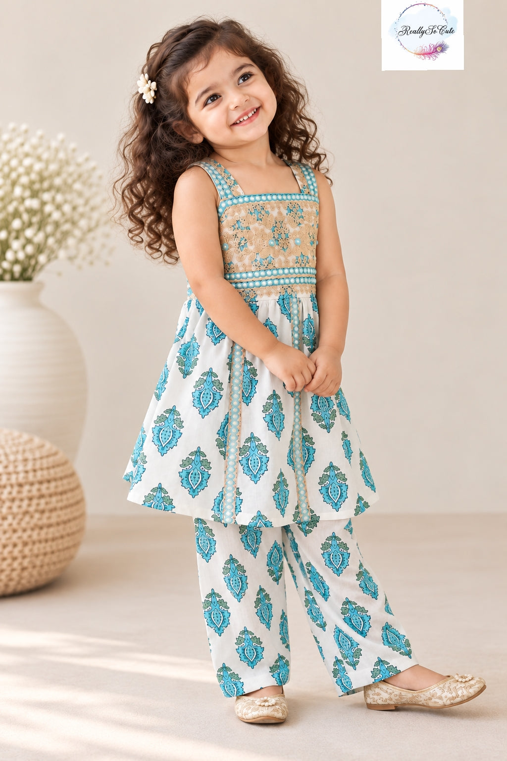 Girls  Floral Print Pure Cotton Kurti & Pant Set with Mirror Work | 1–5 Years