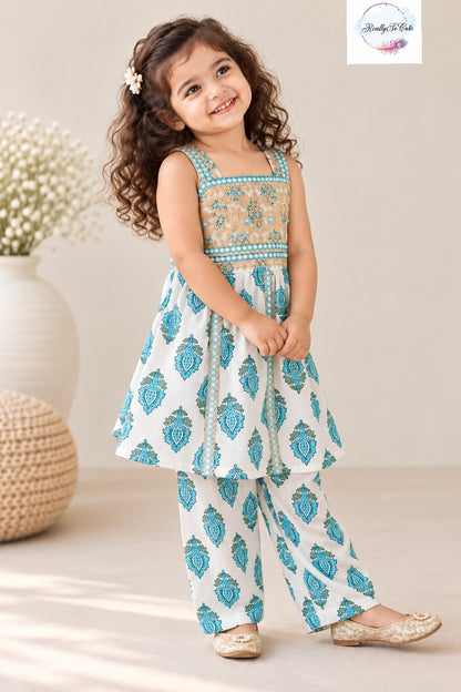 Girls  Floral Print Pure Cotton Kurti & Pant Set with Mirror Work | 1–5 Years