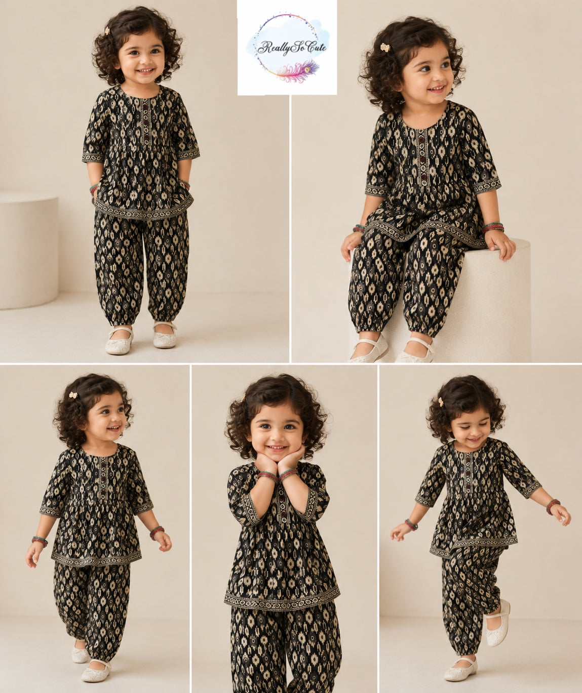 Black Ikkat Print Pure Cotton Co-Ord Set for Girls | Kurti & Relaxed Pants | Sizes 18M–8 Years |