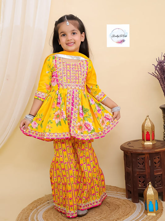 Yellow floral girl kurti sharara set, cotton kurta sharara