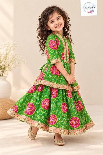 Girls Green Bandhani Print Pure Cotton kurta lehanga Set | 1–5 Years