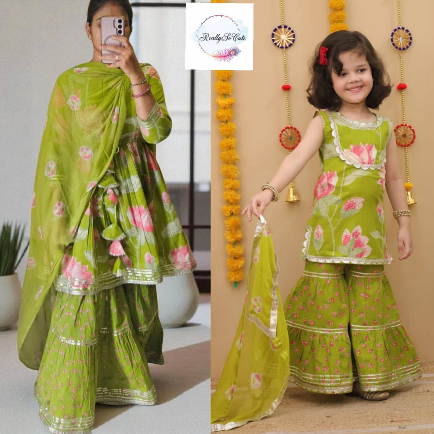 Green pichwai sharara set, kurti sharara women