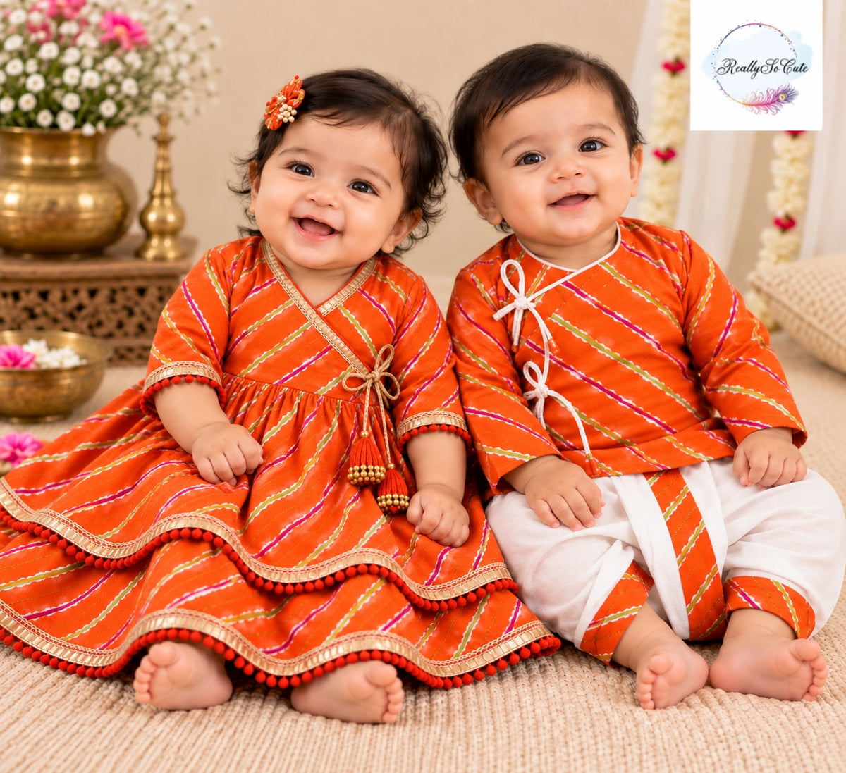 Baby Orange Leheriya Print Pure Cotton Angrakha Kurta & Dhoti Set | 0–2Y