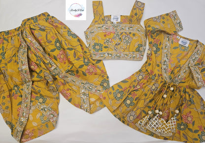 Mustard Yellow Floral Embroidered Dhoti Pant Set for Girls | 3-Piece Ethnic Wear