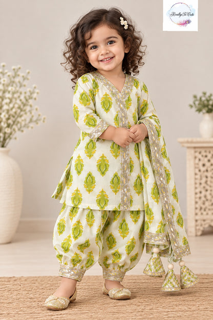 Girls Pure Cotton Green Floral Print Kurta & Dhoti Pant Set with Dupatta | 3-Piece Ethnic Wear