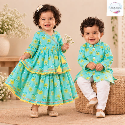 Aqua Floral Pure Cotton Angarakha Dress Set for Girls | 6M–2Y