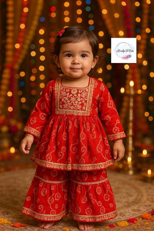 Girl Cotton Sharara Kurti 2 piece set Red Bandhani ( No dupatta)