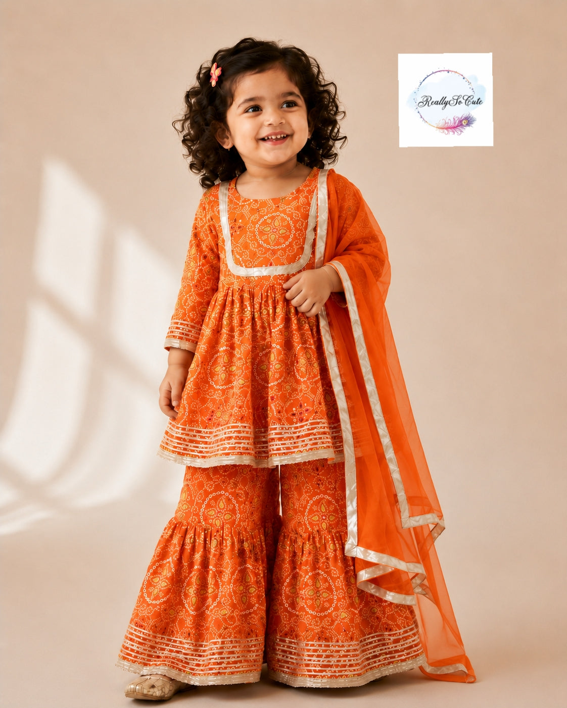 Girls Orange Bandhani Print Cotton Kurti Sharara Set with Dupatta, Kids Bandhani Outfit USA