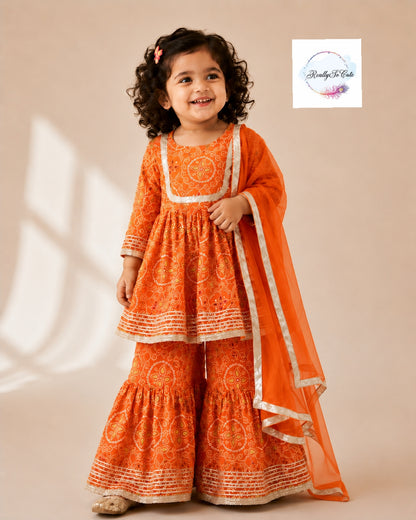 Girls Orange Bandhani Print Cotton Kurti Sharara Set with Dupatta, Kids Bandhani Outfit USA