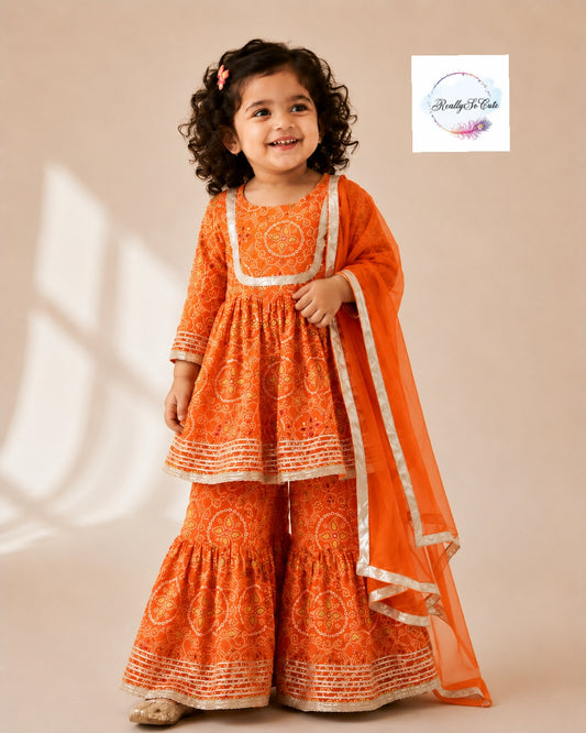 Girls Orange Bandhani Print Cotton Kurti Sharara Set with Dupatta