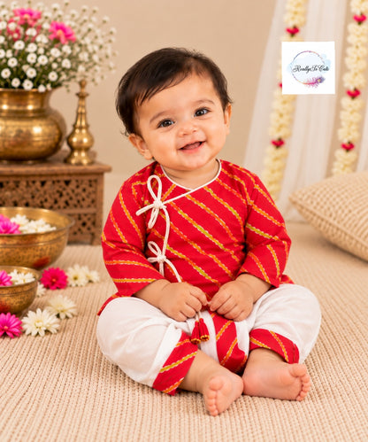 Baby Red Leheriya Print Pure Cotton Angrakha Kurta & Dhoti Set | 0–2Y