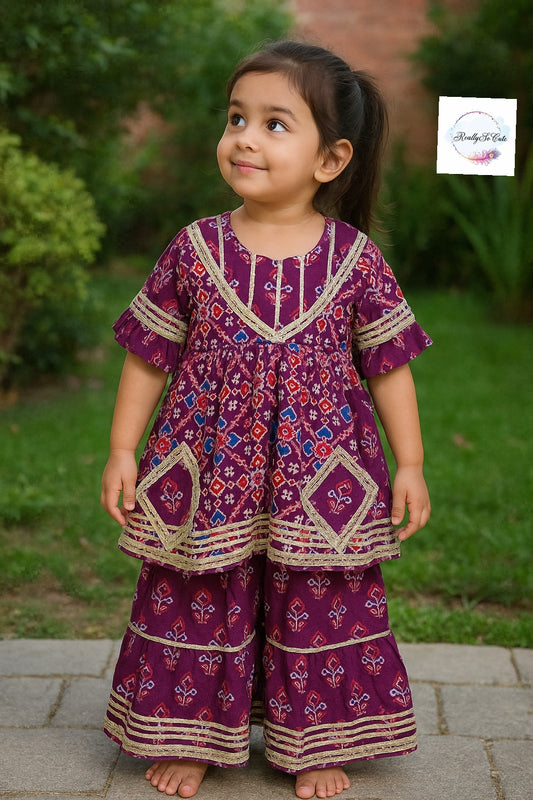 Purple patola girl kurti sharara set, cotton kurta sharara