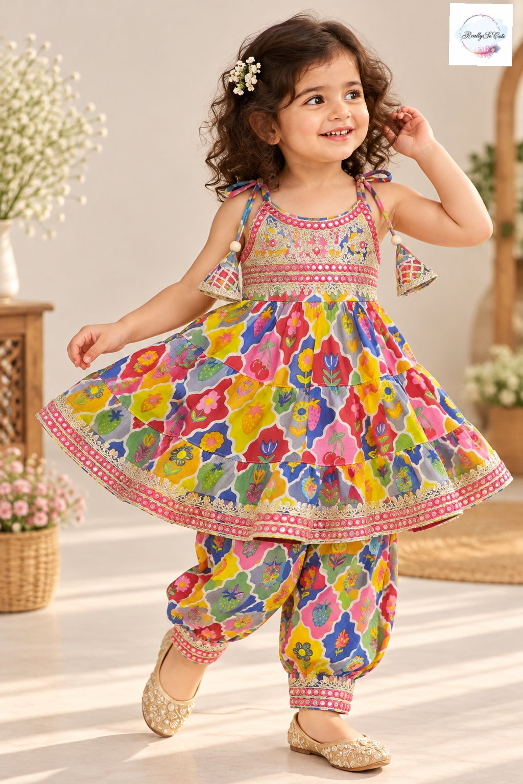 Girls Multicolor Floral Print Pure Cotton Kurti & Pant Set with Mirror Work | 1–5 Years