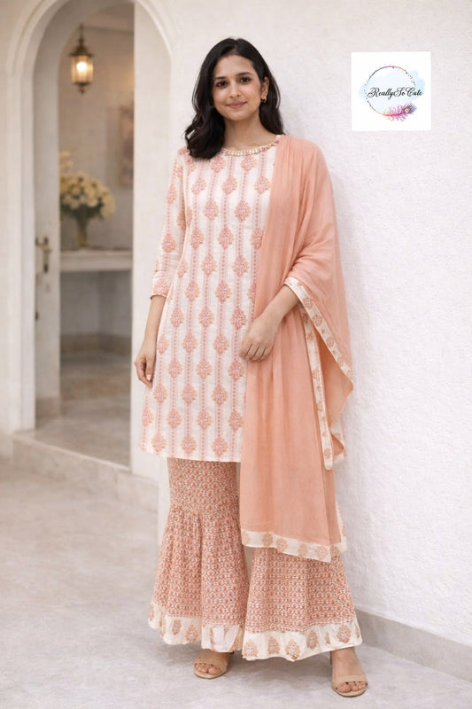 Peach Block Print Cotton Kurta & Sharara Set for Women (Mom Only), block print set