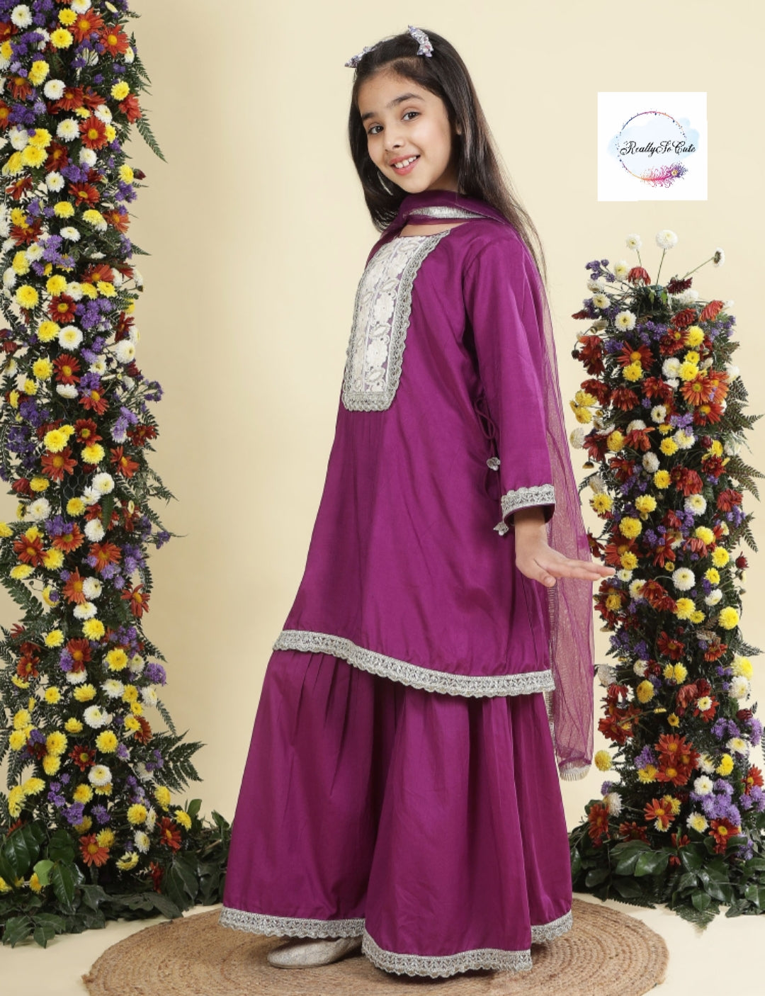 Purple silk kurti sharara dupatta set, Muslin silk kurta sharara