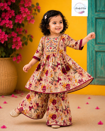 Beige Floral Cotton Sharara Set for Girls | Embroidered Ethnic Wear with Tassel Tie | Sizes 18M–10 Years