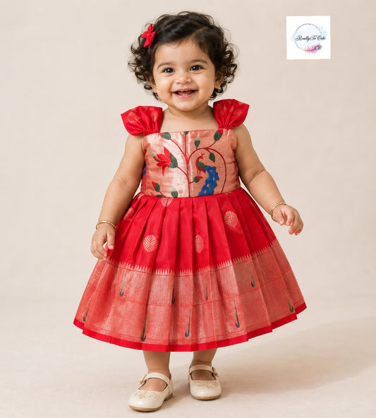 Traditional paithani dresses, baby girls ethnic wear, red Paithani dress