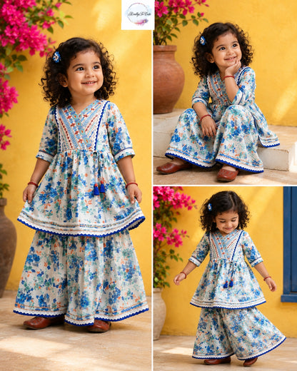 Blue Floral Cotton Sharara Set for Girls | Embroidered Ethnic Wear with Tassel Tie | Sizes 18M–10 Years |
