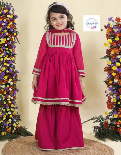 Hot pink Girls 3 piece sharara Kurti set, Soft Georgette kurti sharara set
