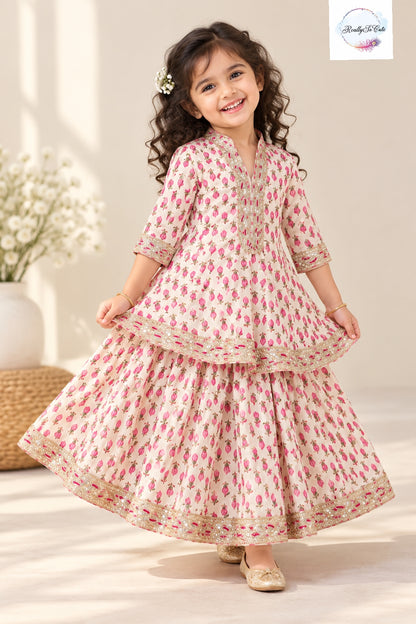 Girls Blush Pink Floral Print Pure Cotton Kurta Lehenga Set | 1–5 Years