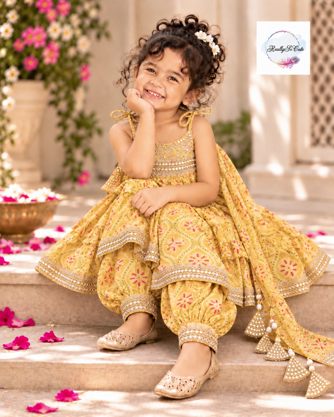 Yellow Bandhani Muslin Cotton Afghan Salwar Set, sibling combo