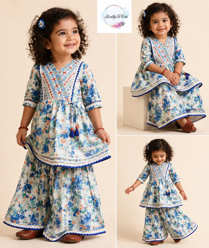 Blue Floral Cotton Sharara Set for Girls | Embroidered Ethnic Wear with Tassel Tie | Sizes 18M–10 Years |