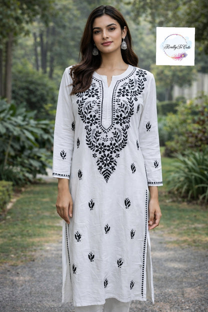White with black embroidery long chikankari kurti