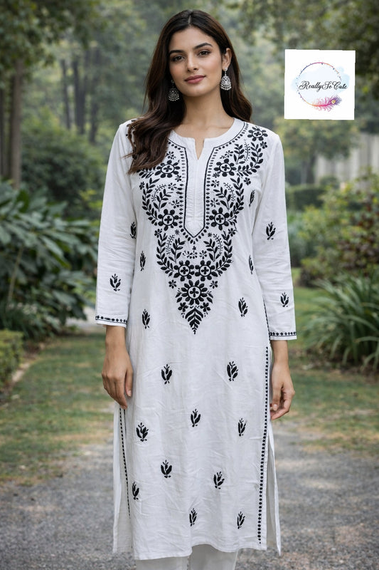 White with black embroidery long chikankari kurti