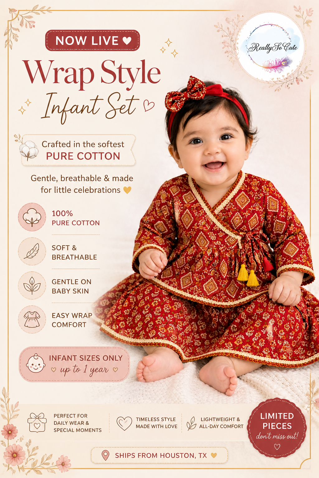 Red Cotton Baby Lehenga Set with Angarakha Wrap Top (0–2Y)