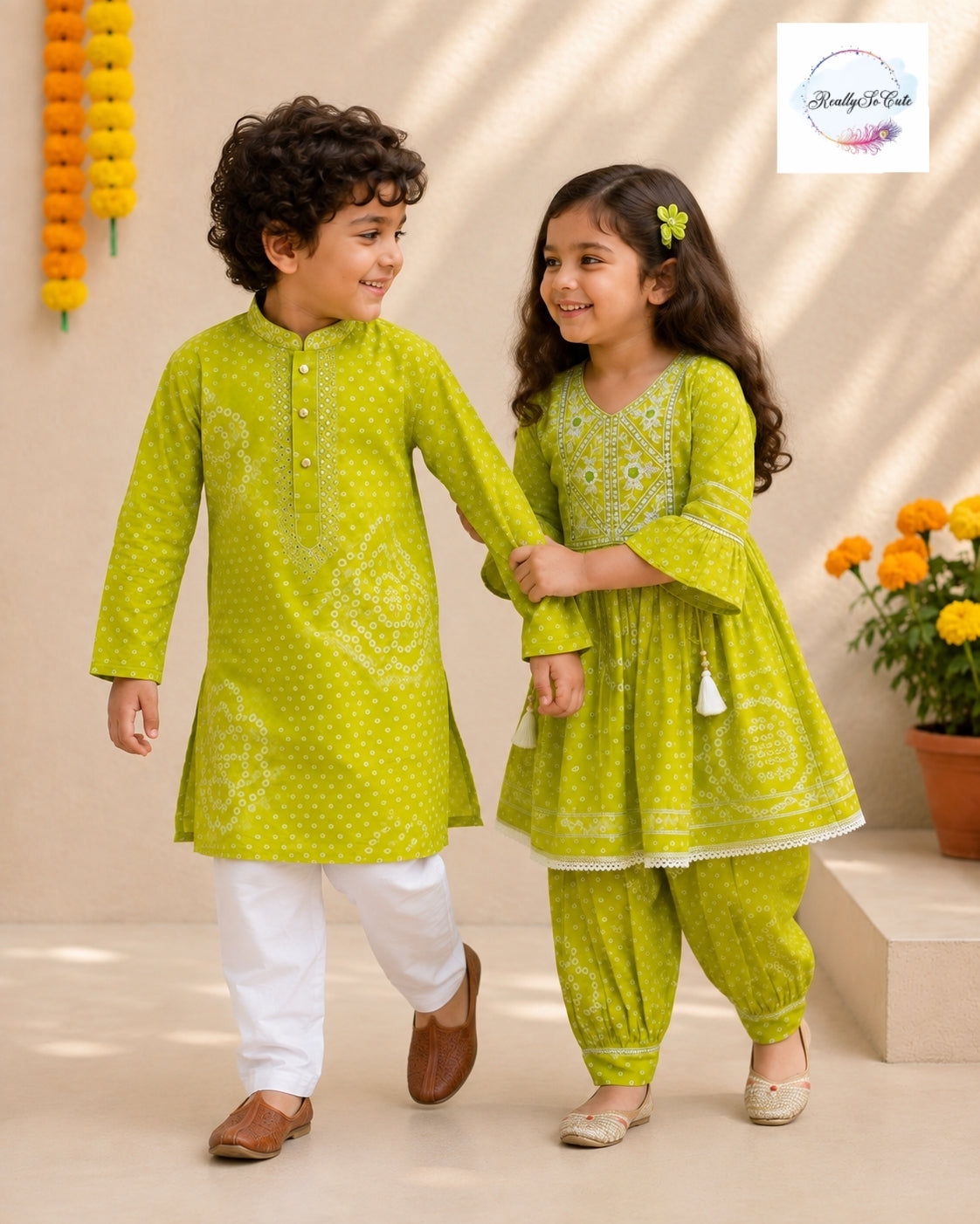 Lime Green Pure Cotton Girls Dhoti Set | ReallySoCute