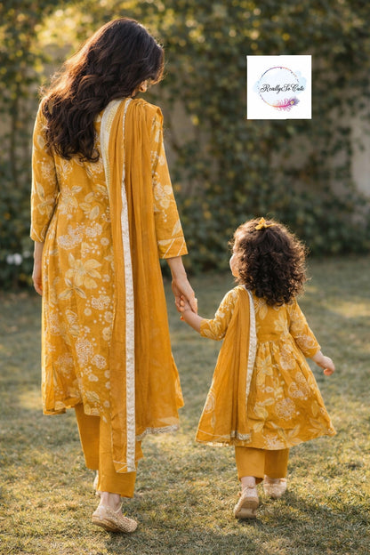 Mustard Floral Muslin Kurta Set for Women with Pockets | Mom & Me Matching Available | S–XXL