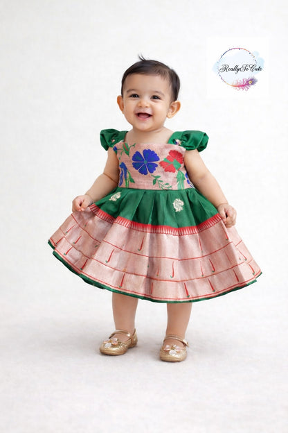 Traditional Paithani Dress for Baby Girls – Green Indian Ethnic Wear (0–4Y)