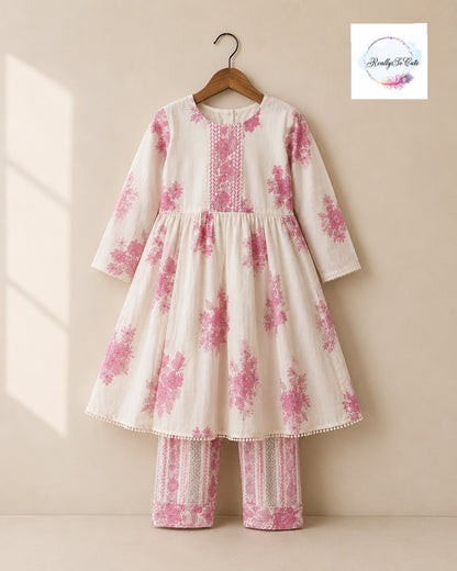 Ivory & Pink Floral Pure Cotton Girls Anarkali Set with Dupatta